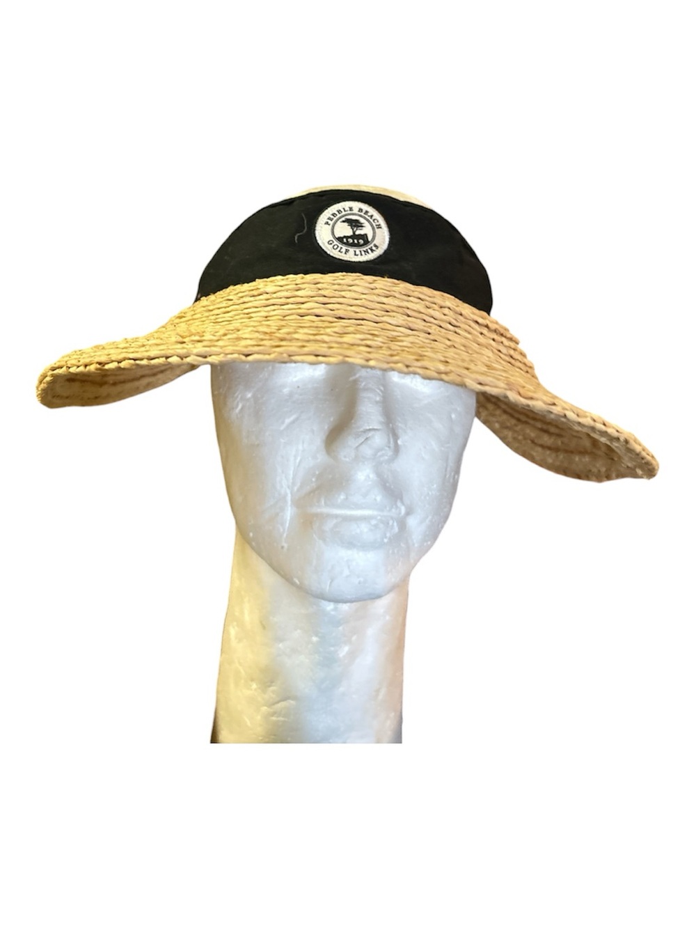 Wide-Brim Straw Sun Visor with Black Crown and Pebble Beach Golf Lines